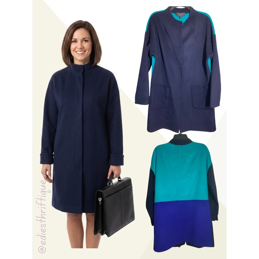 St. John Wool Angora Cashmere Blend Colorblock Coat Luxe Medium